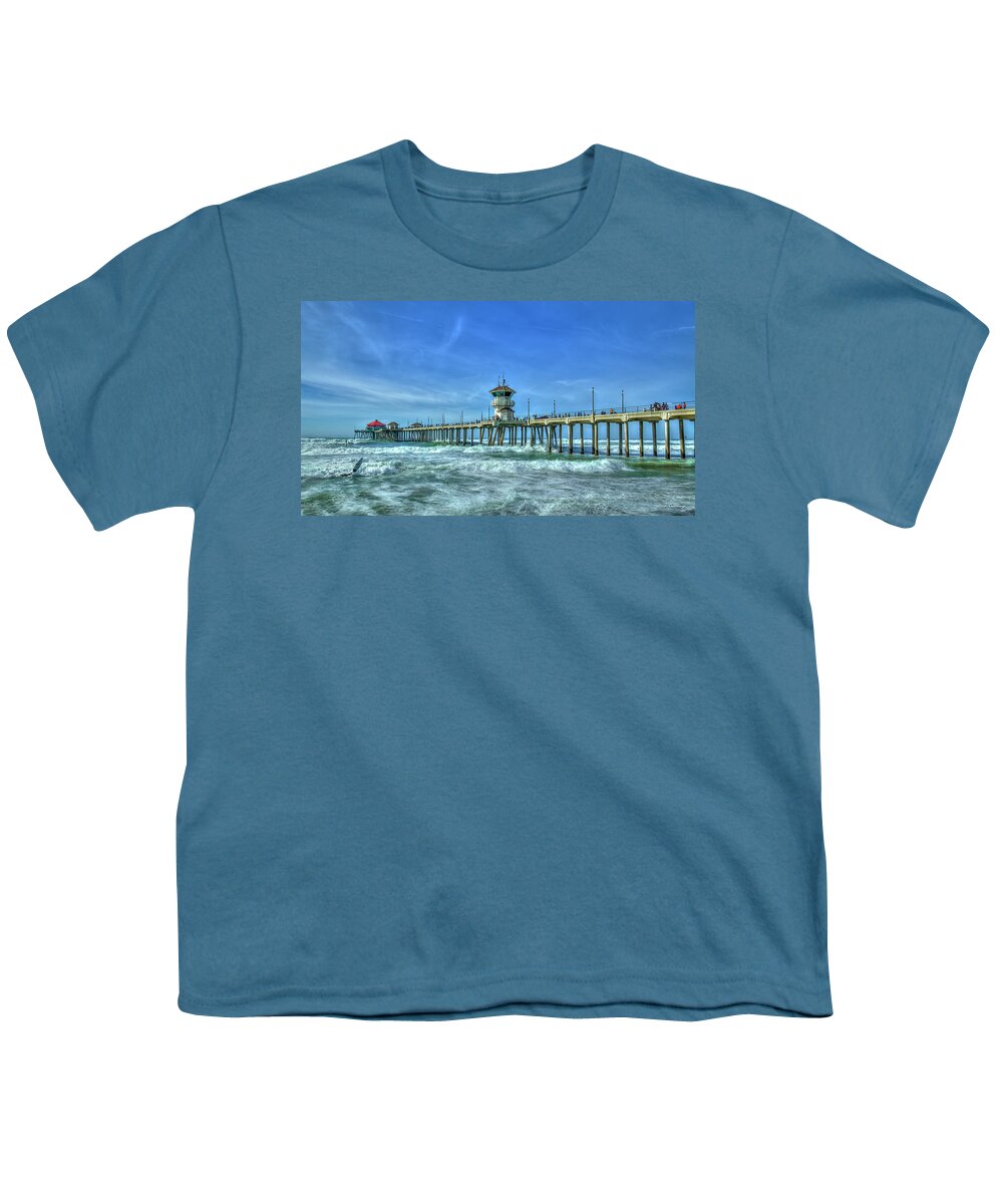 Reid Callaway Huntington Beach Pier Panorama Youth T-Shirt featuring the photograph Huntington Beach Pier Panorama Southern California Seascape Surfing Art by Reid Callaway
