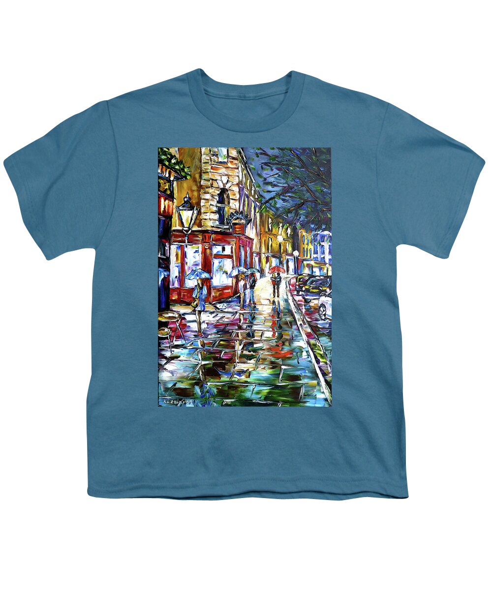 London At Night Youth T-Shirt featuring the painting London, Night Rain by Mirek Kuzniar