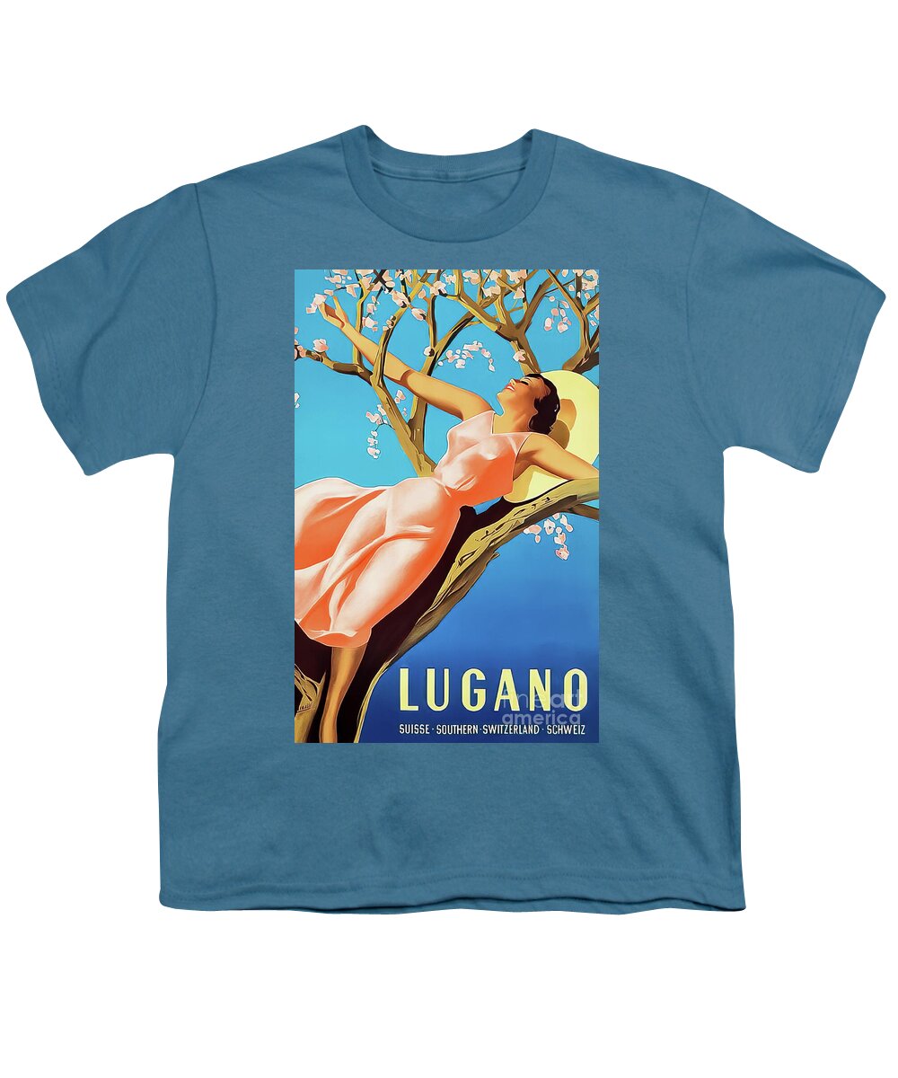 Lugano Youth T-Shirt featuring the drawing Lugano Switzerland Travel Poster 1939 by M G Whittingham