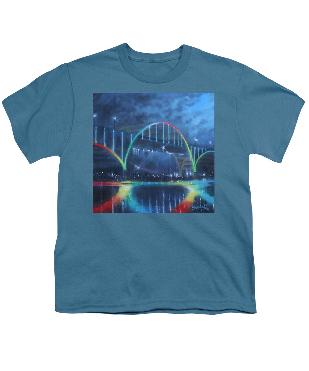  Hoan Bridge Youth T-Shirt featuring the painting Milwaukee Rainbow Bridge by Tom Shropshire
