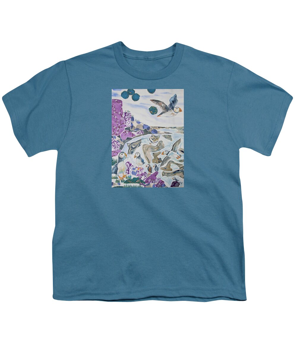 Puffin Youth T-Shirt featuring the mixed media Mixed Media - Puffin Palooza by Cascade Colors