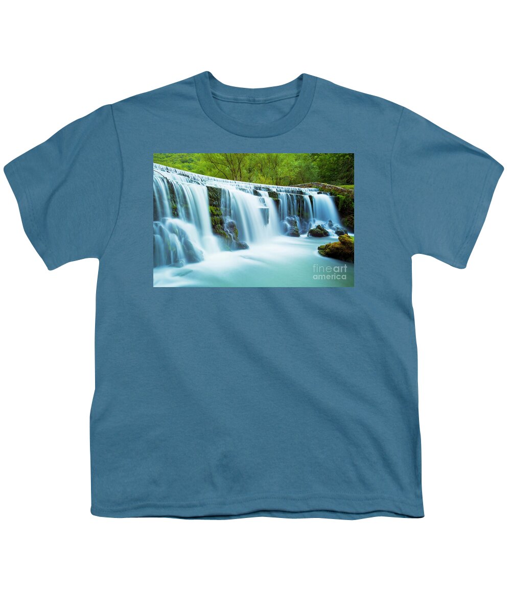 Peak District Youth T-Shirt featuring the photograph Monsal dale waterfall, Peak District, Derbyshire, England by Neale And Judith Clark