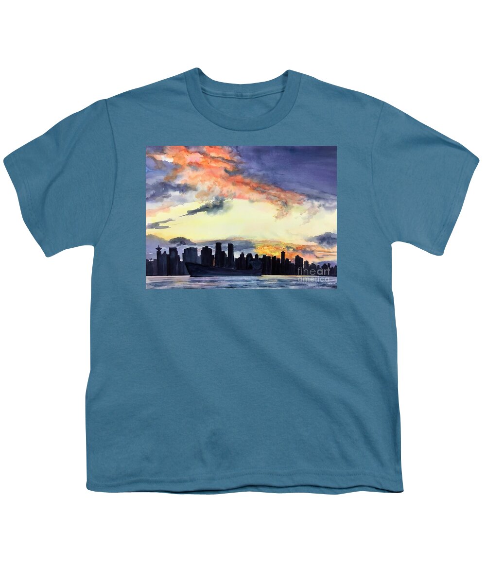 Vancouver Skyline Youth T-Shirt featuring the painting Moody Blues by Sonia Mocnik