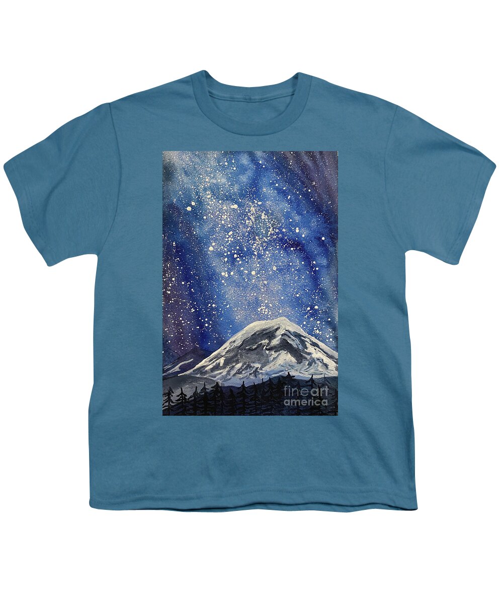Mount Rainier Youth T-Shirt featuring the painting Mountain with Night Sky by Lisa Neuman