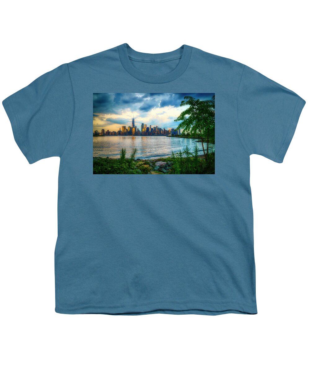 New York City Skyline Youth T-Shirt featuring the photograph Manhattan Skyline at Dusk by Penny Polakoff