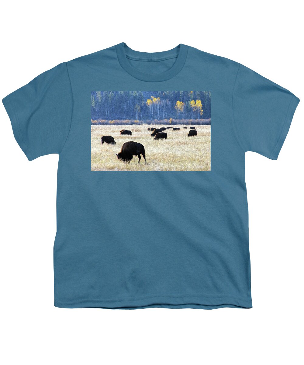 Bison Youth T-Shirt featuring the photograph Painting of Grazing Bison by Robert Carter