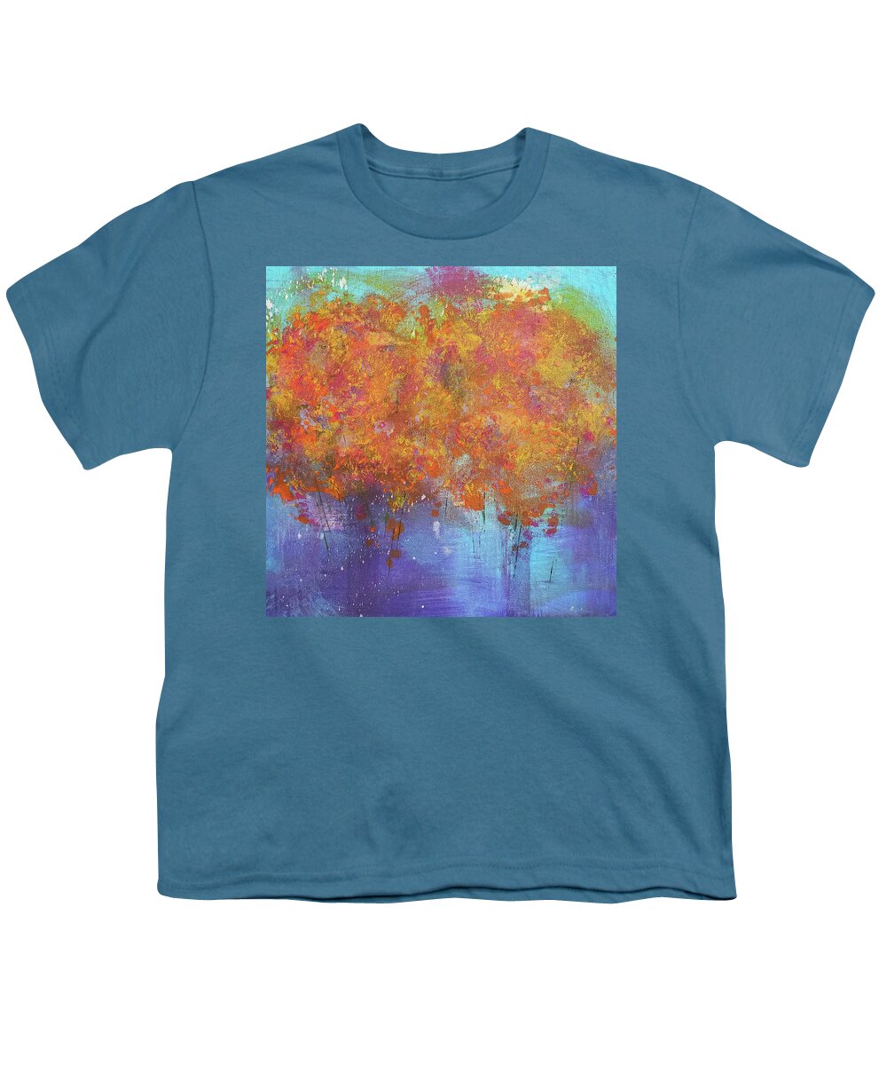 Orchard Youth T-Shirt featuring the painting ORCHARD Landscape Painting Orange Pink Purple Blue by Lynnie Lang
