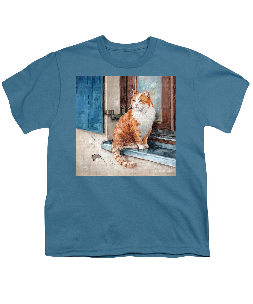 Cat Youth T-Shirt featuring the painting Oscar - Cat in Window painting by Annie Troe