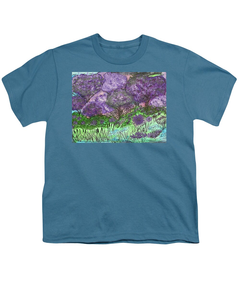 Purple Youth T-Shirt featuring the mixed media Purple Doodle Scene by Lisa Neuman