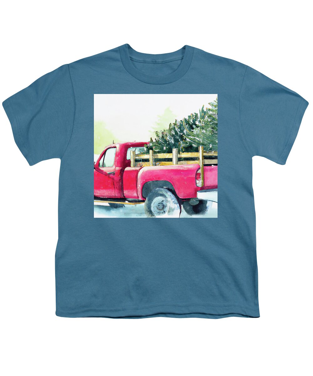 Red Truck Youth T-Shirt featuring the digital art Red Truck with Christmas Tree by Alison Frank