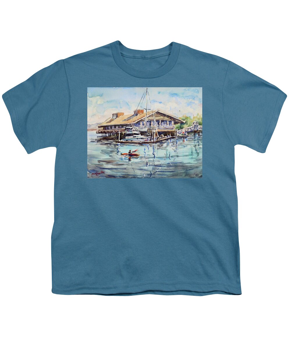 Kayak Youth T-Shirt featuring the painting Redwood City Marina California by Xueling Zou