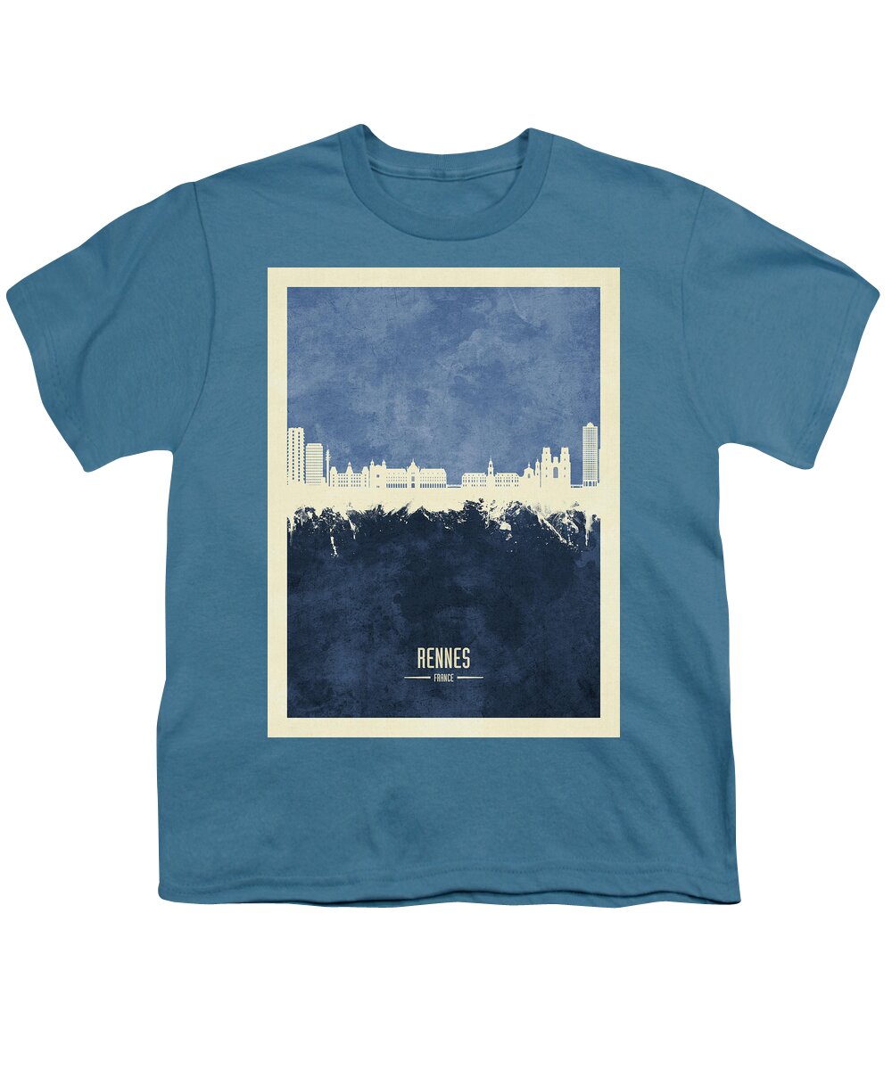 Rennes Youth T-Shirt featuring the digital art Rennes France Skyline #47 by Michael Tompsett