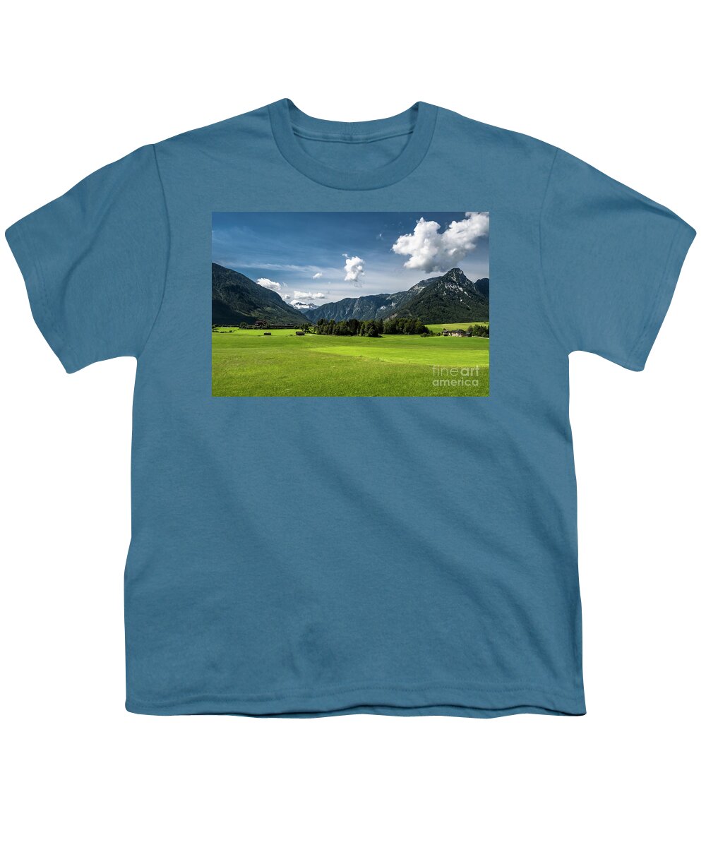 Austria Youth T-Shirt featuring the photograph Rural Landscape With Houses In Front Of Mountain Dachstein In The Alps Of Austria by Andreas Berthold