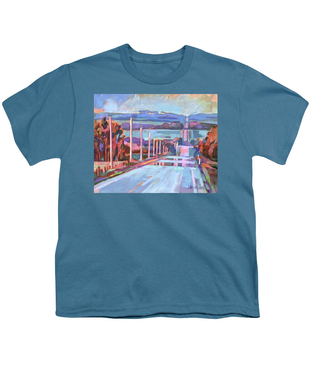 Road Youth T-Shirt featuring the painting Saskatoon Mountain Road Mirage 1 by Tim Heimdal