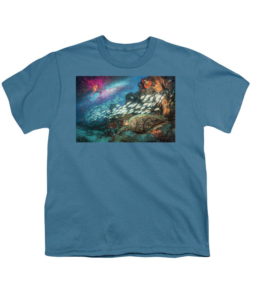 Seahorse Youth T-Shirt featuring the photograph Seahorse and Turtle Painting by Debra and Dave Vanderlaan