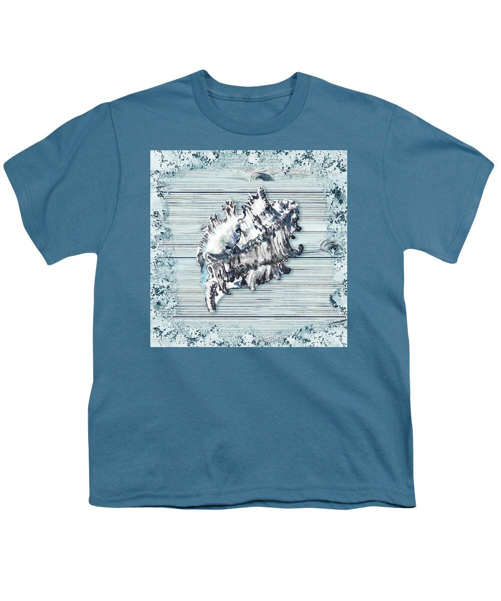  Youth T-Shirt featuring the painting Seashell In Teal Turquoise Blue Watercolor Beach House Decor II by Irina Sztukowski