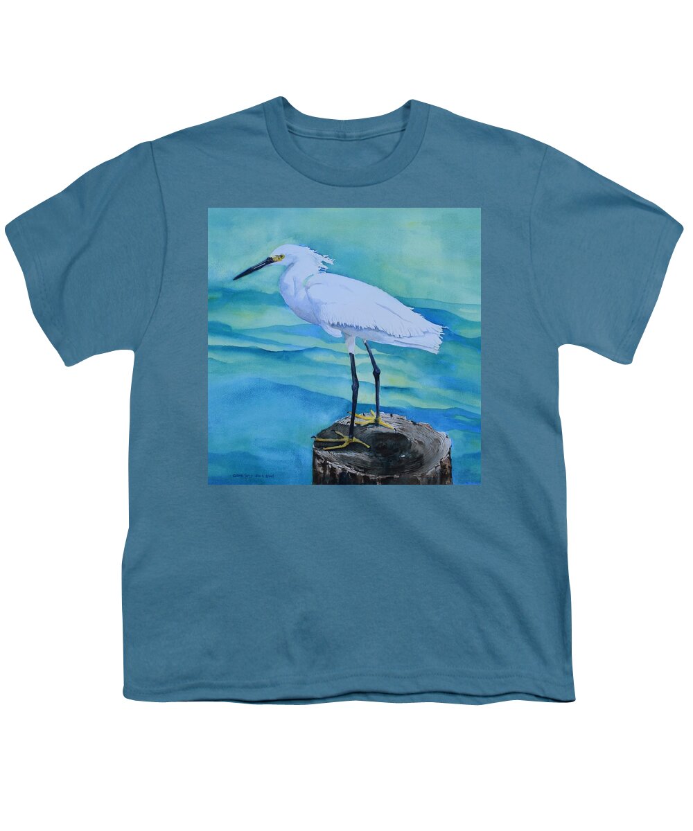 Egret Youth T-Shirt featuring the painting Sentinel by Celene Terry