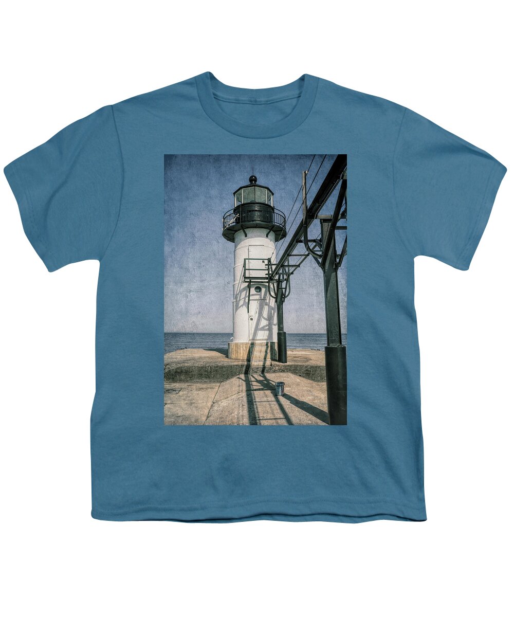 St. Joseph Michigan Beach Youth T-Shirt featuring the photograph St. Joseph Michigan North Pier Light Textured by Dan Sproul
