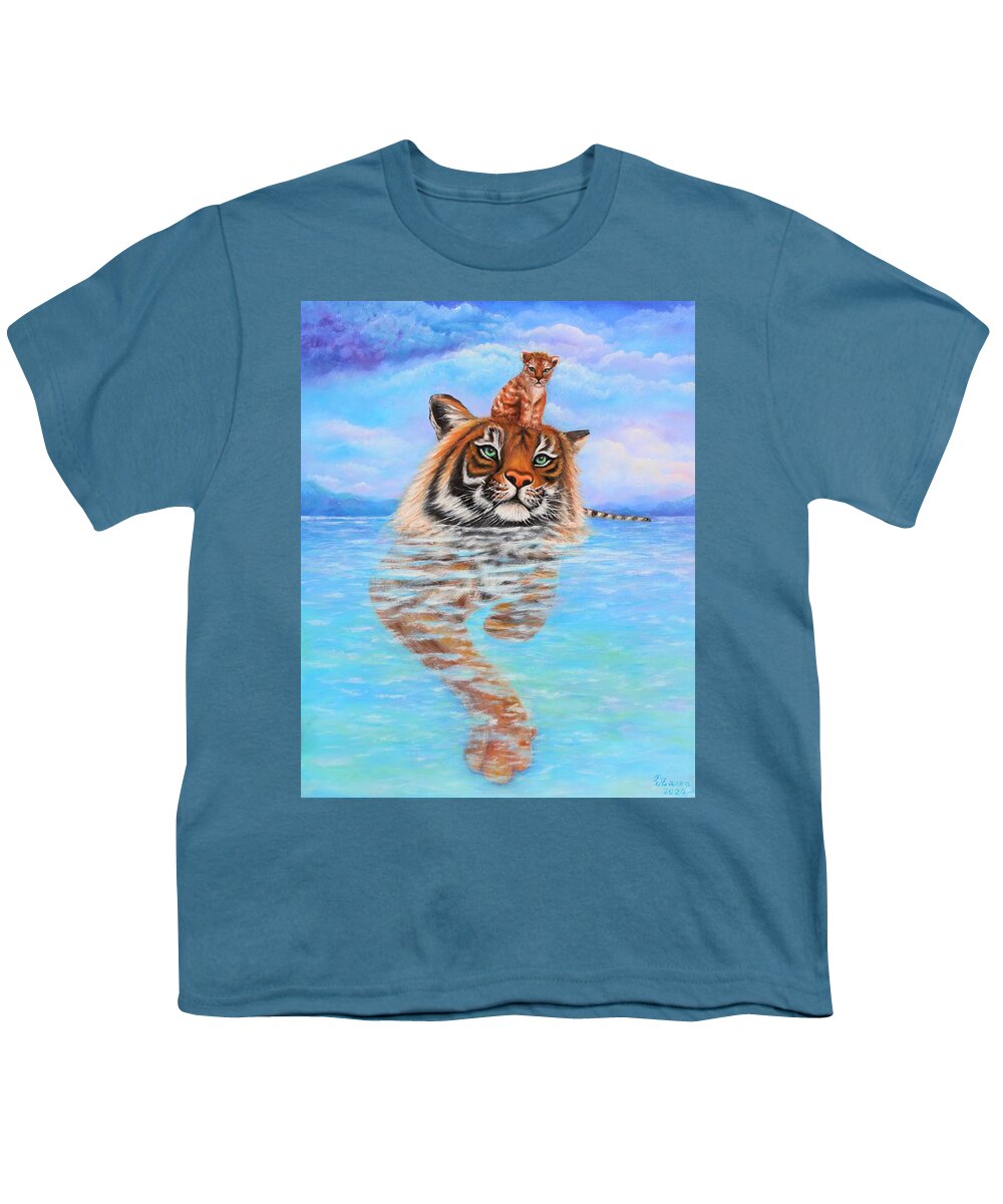 Wall Art Home Decor Tiger Baby Tiger Blue Sky Blue Water Clouds Stormy Clouds Lake Gift For Him Gift For Her Art Gallery Siberian Tiger Amur Tiger Youth T-Shirt featuring the photograph Storm is Coming by Tanya Harr