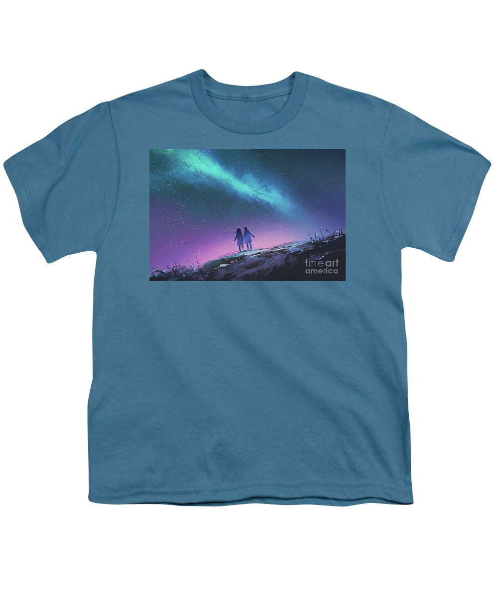 Acrylic Youth T-Shirt featuring the painting The Blue Light In The Night Sky by Tithi Luadthong