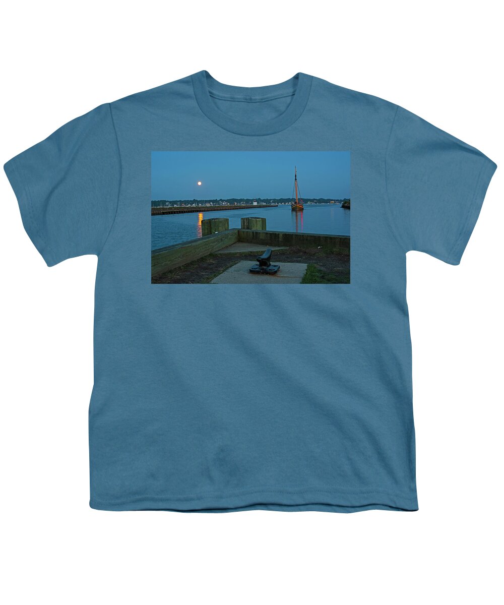 Salem Youth T-Shirt featuring the photograph The Full Moon Rises over Derby Wharf Salem Massachusetts by Toby McGuire