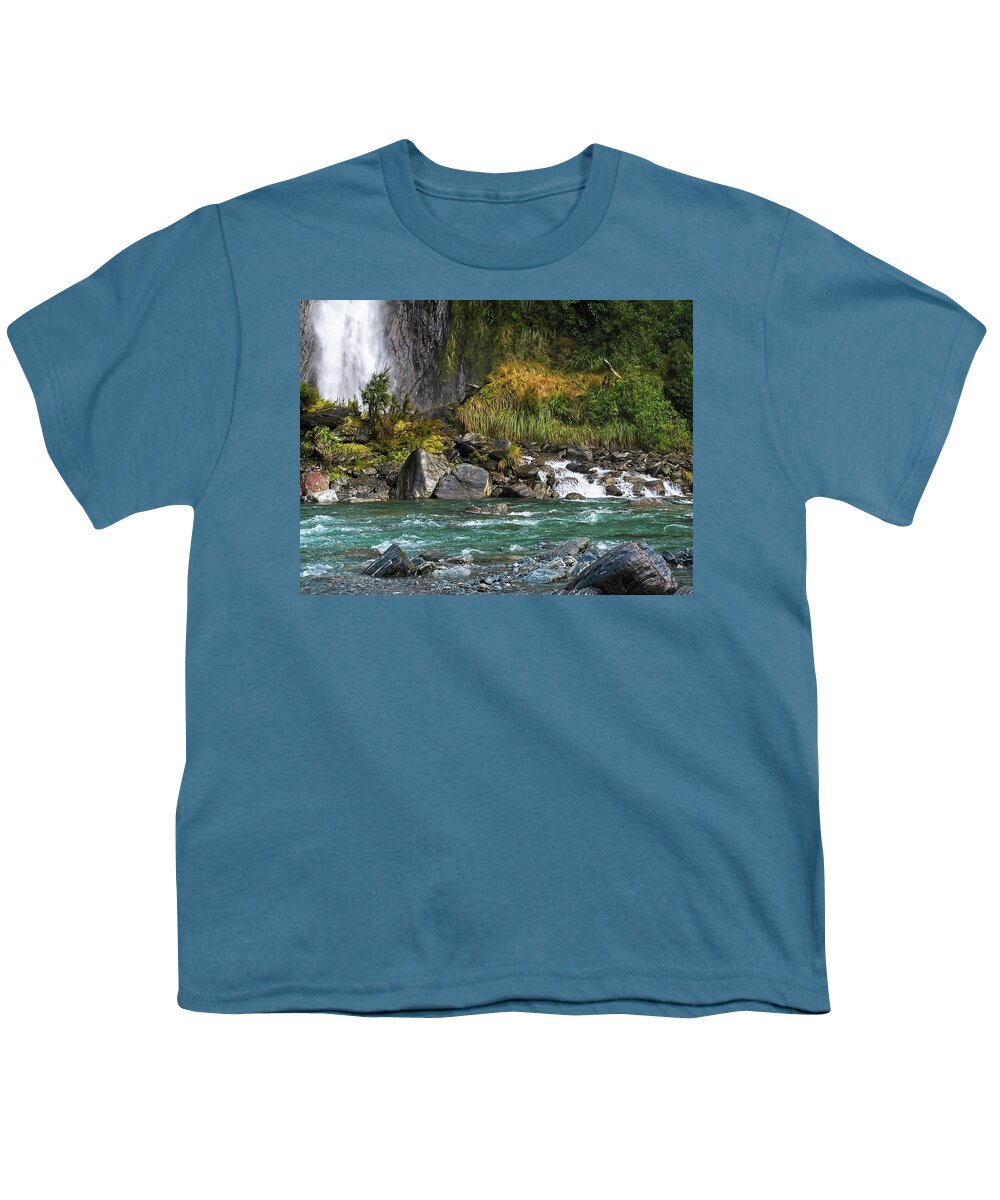 New Zealand Youth T-Shirt featuring the photograph Thunder Creek Falls 2- New Zealand by Steven Ralser