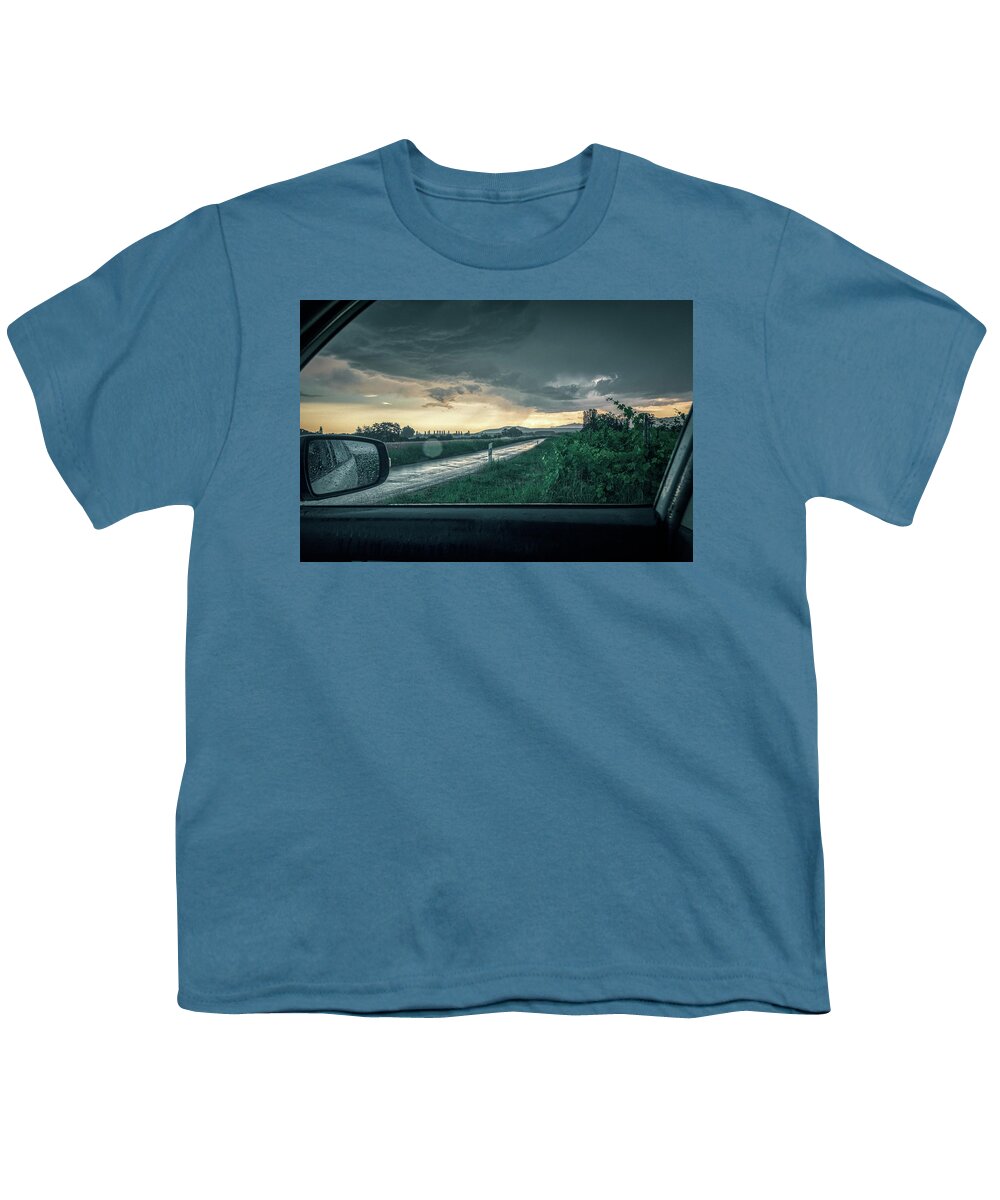 Green Color Youth T-Shirt featuring the photograph Thunderstorm on a country road by Benoit Bruchez