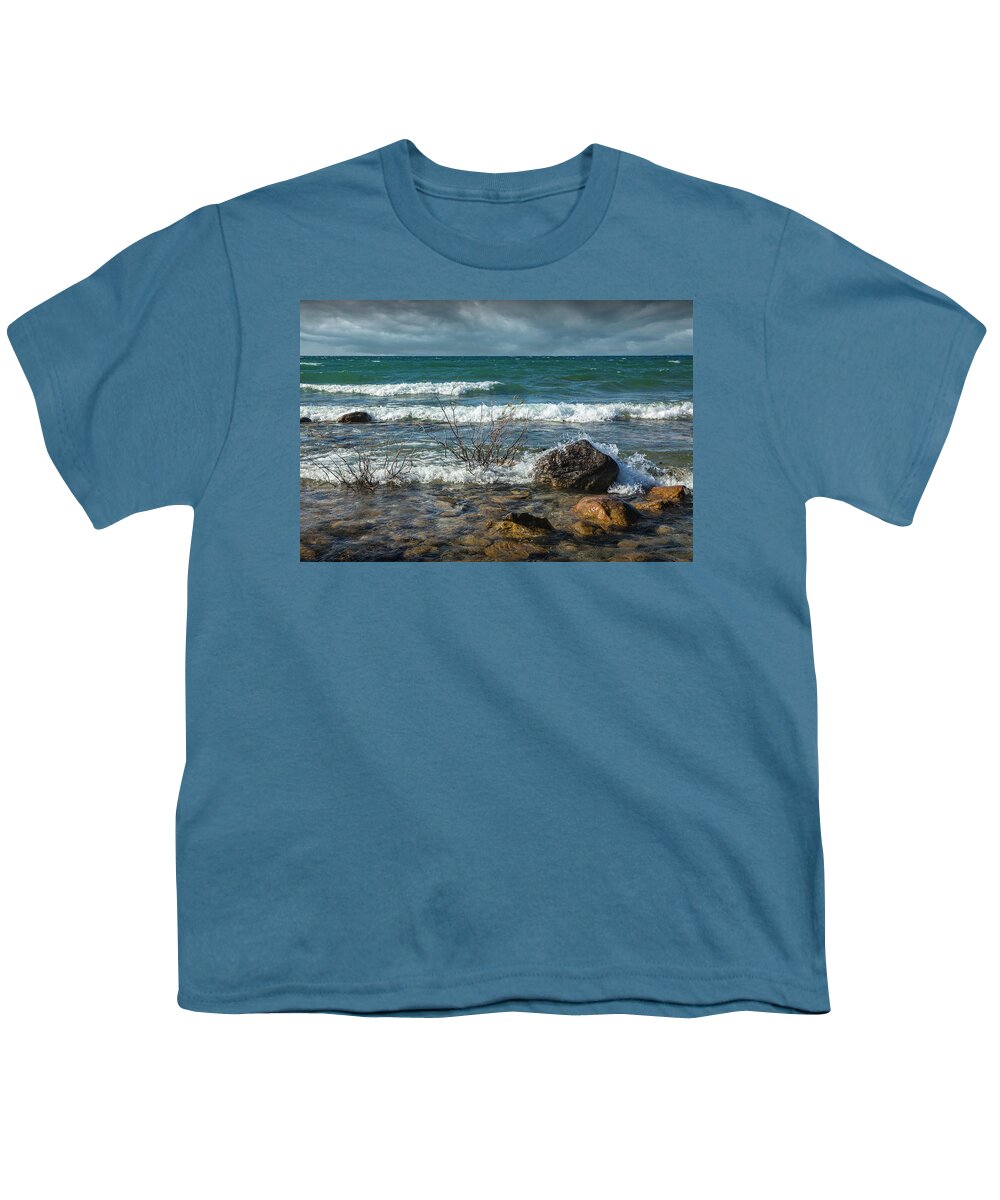 Grand Traverse Bay Youth T-Shirt featuring the photograph Waves coming ashore at Northport Point on Lake Michigan by Randall Nyhof