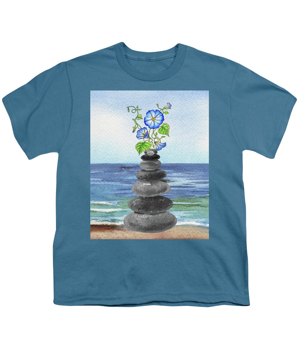 Zen Rocks Youth T-Shirt featuring the painting Zen Rocks Cairn Meditative Tower And Morning Glory Flower Watercolor by Irina Sztukowski
