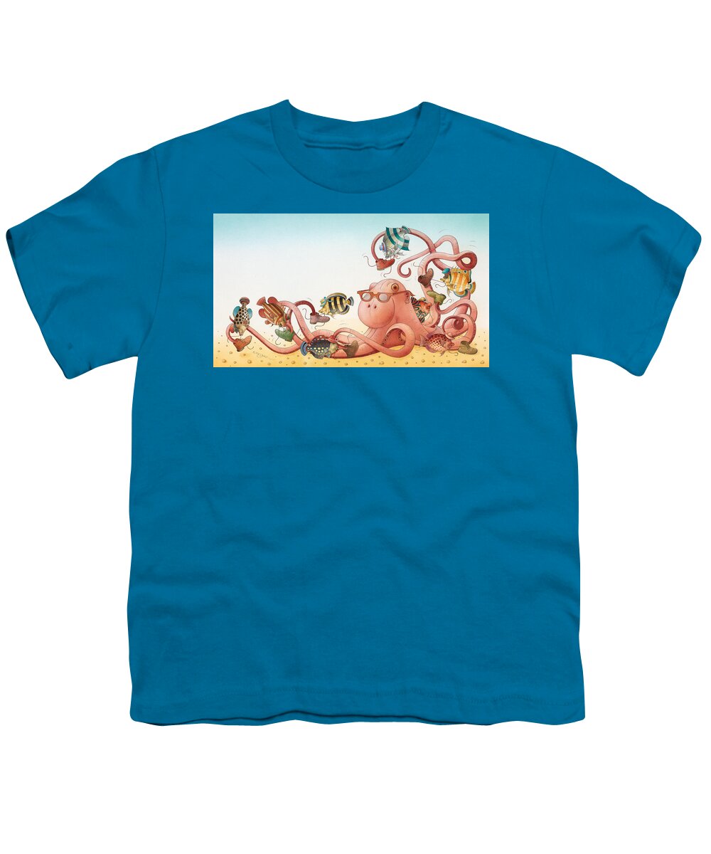 Sea Ocean Water Octopus Coral Fish Azure Blue Youth T-Shirt featuring the painting Underwater Story 05 by Kestutis Kasparavicius
