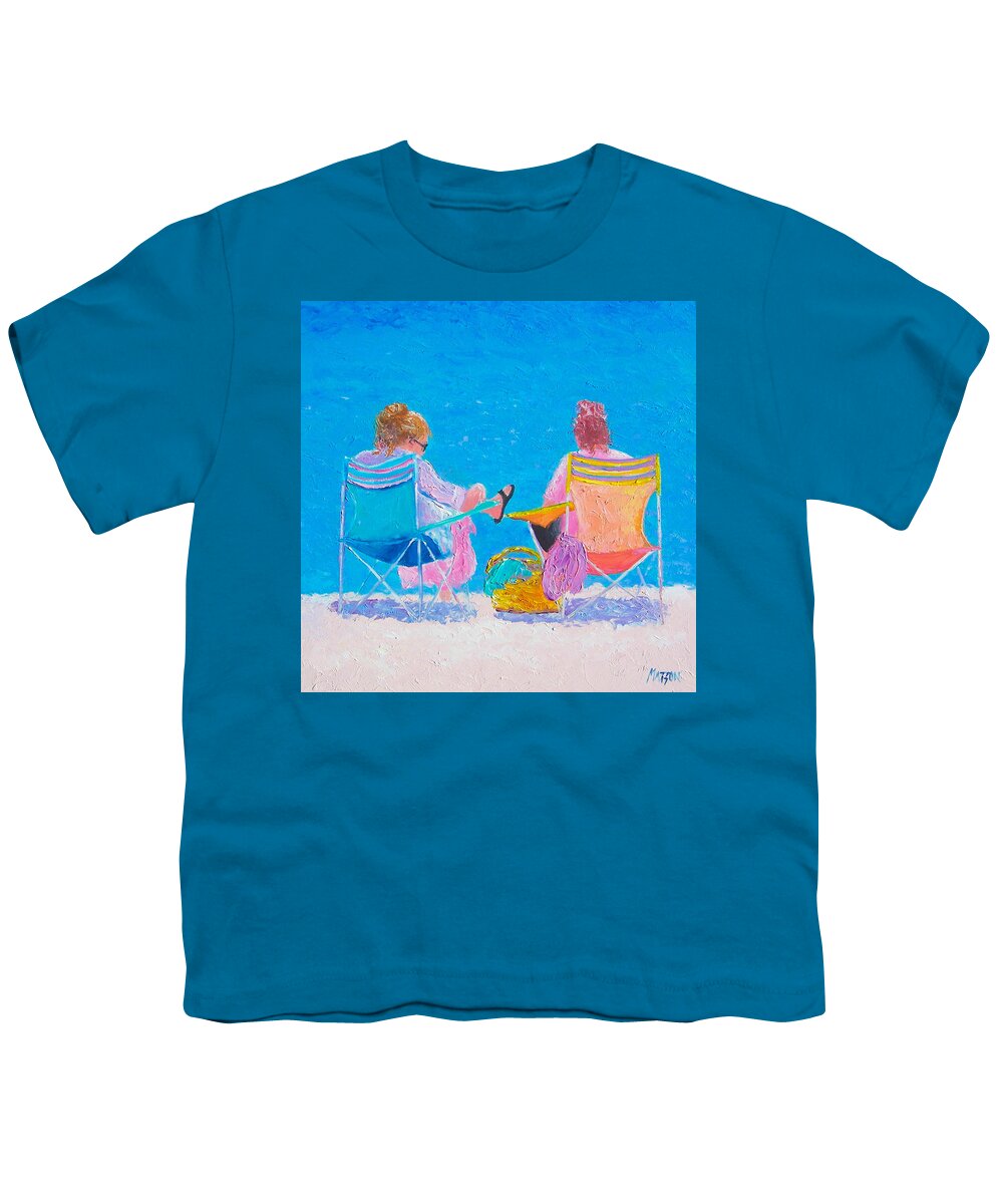 Beach Youth T-Shirt featuring the painting Beach Painting Soaking up the Sun by Jan Matson by Jan Matson