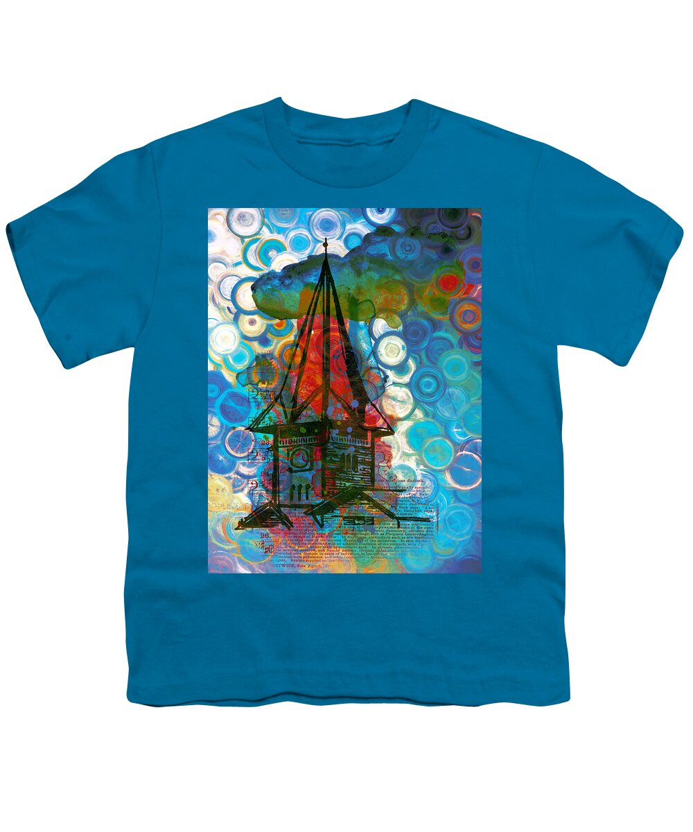 Crazy House In The Clouds Whimsy Youth T-Shirt featuring the painting Crazy Red House In The Clouds Whimsy by Georgiana Romanovna