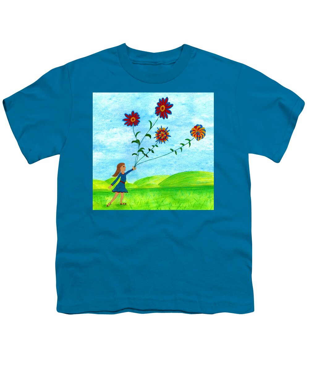 Landscape Youth T-Shirt featuring the digital art Girl With Flowers by Christina Wedberg