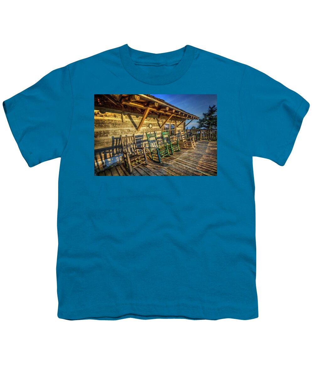 Appalachia Youth T-Shirt featuring the photograph Rocking Chairs on the Porch in the Sun by Debra and Dave Vanderlaan