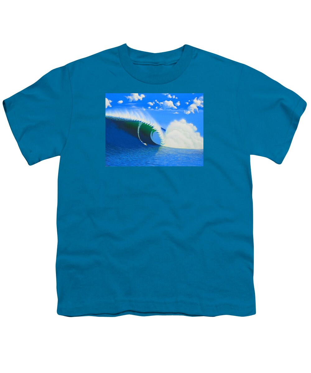 Surfing Youth T-Shirt featuring the painting Cortes 100-Foot Barrel by John Kaelin