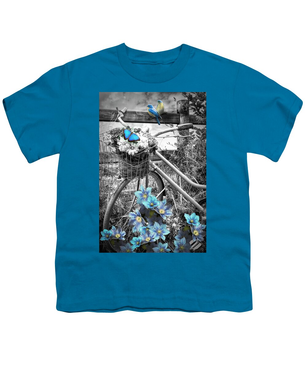 Barns Youth T-Shirt featuring the photograph Summer Breeze on a Bicycle Black and White with Blue Color Selec by Debra and Dave Vanderlaan