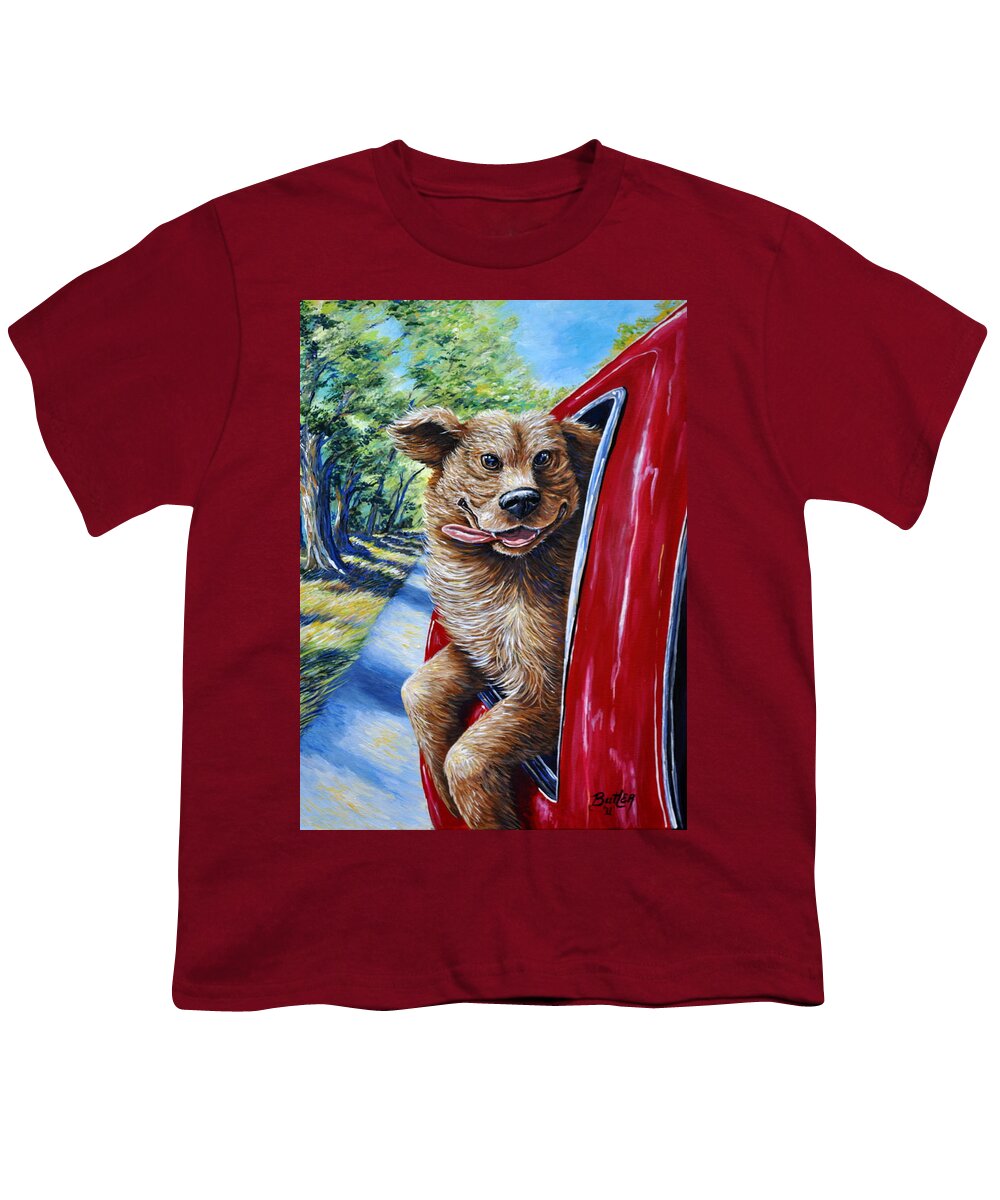 Animal Dog Car Pet Happy Ride Country Art Red Companion Friend Youth T-Shirt featuring the painting Dog...Gone Happy by Gail Butler