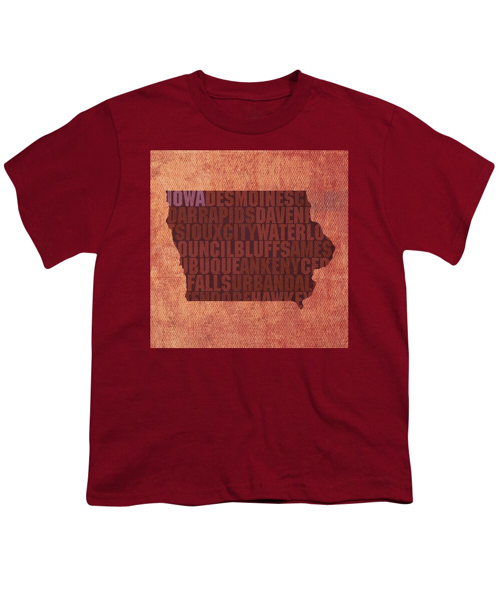 Iowa Word Art State Map On Canvas Youth T-Shirt featuring the mixed media Iowa Word Art State Map on Canvas by Design Turnpike
