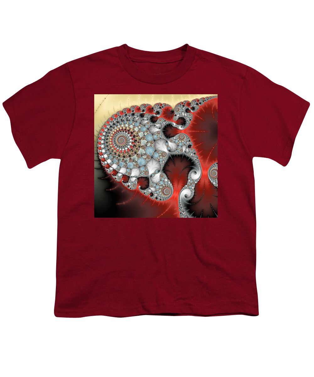 Spiral Youth T-Shirt featuring the digital art Wonderful abstract fractal spirals red grey yellow and light blue by Matthias Hauser