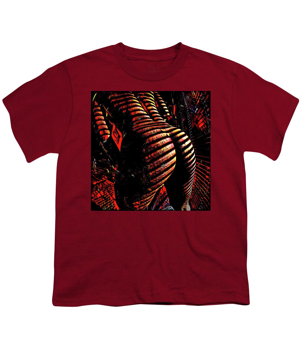Booty Youth T-Shirt featuring the digital art 6799s-NLJ Zebra Striped Nude Booty by Window Rendered as Abstract Oil in Reds by Chris Maher