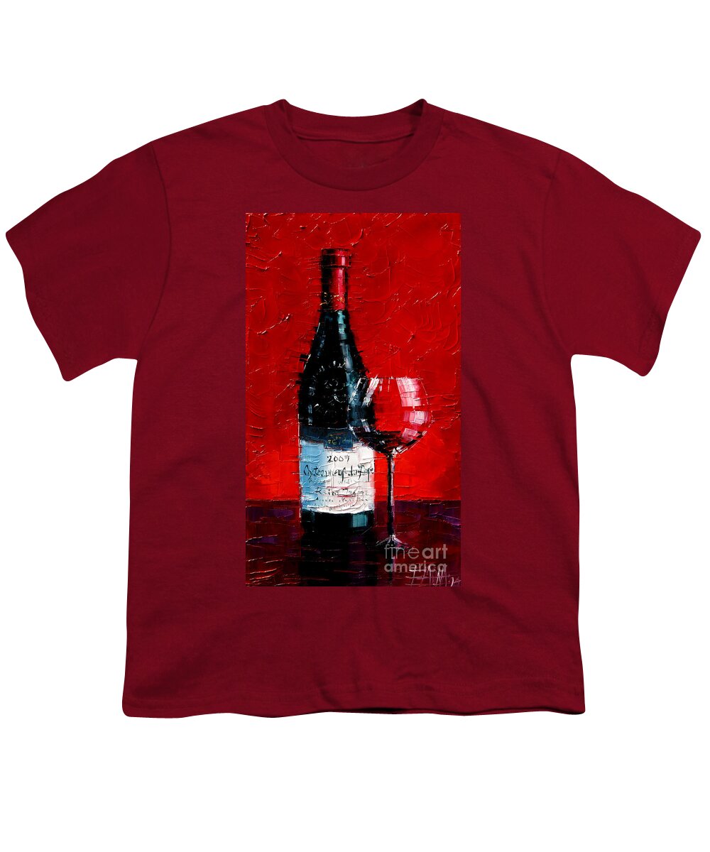 Chateauneuf Du Pape Youth T-Shirt featuring the painting Still life with wine bottle and glass 1 by Mona Edulesco
