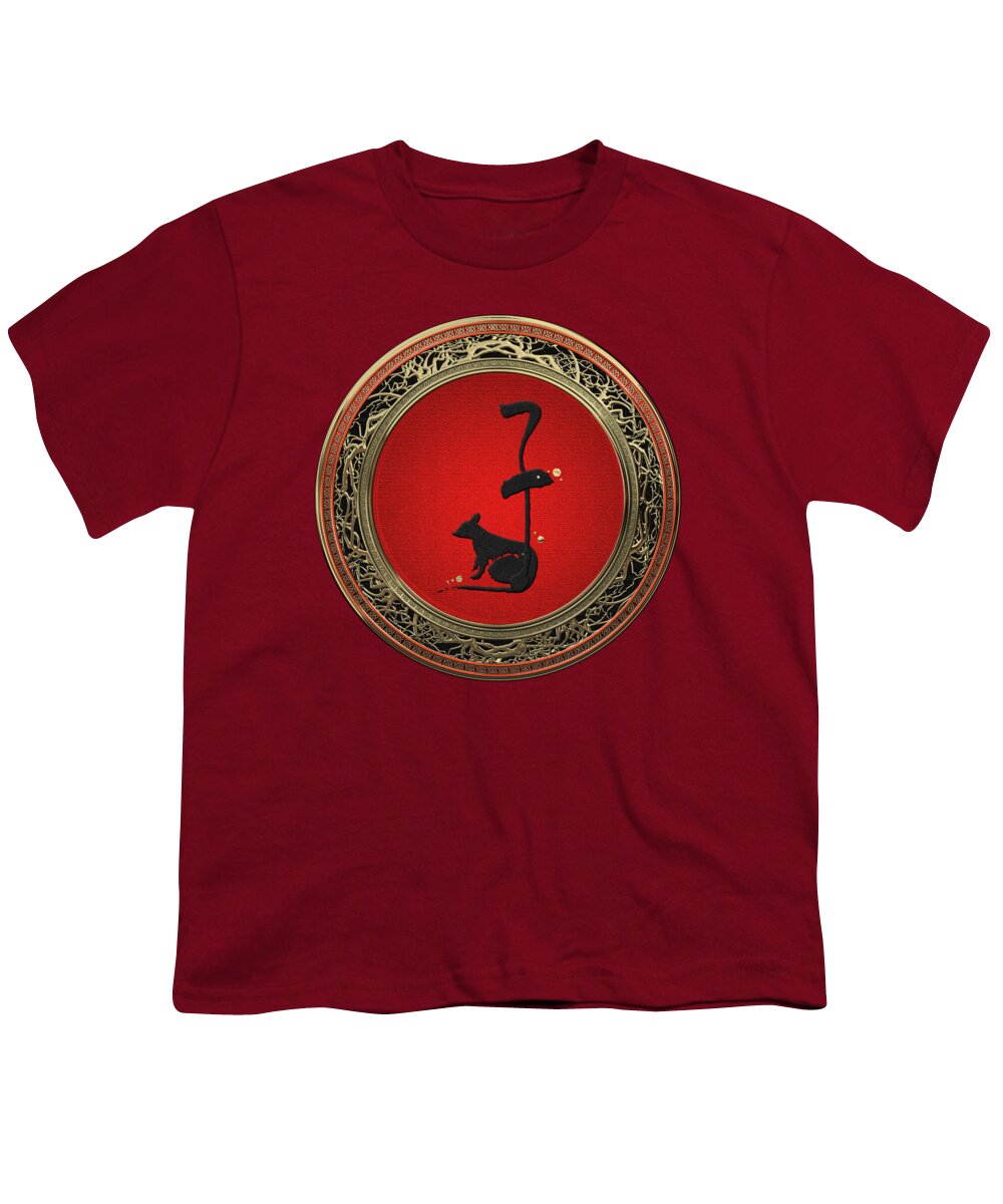 'zodiac' Collection By Serge Averbukh Youth T-Shirt featuring the digital art Chinese Zodiac - Year of the Rat on Red Velvet by Serge Averbukh