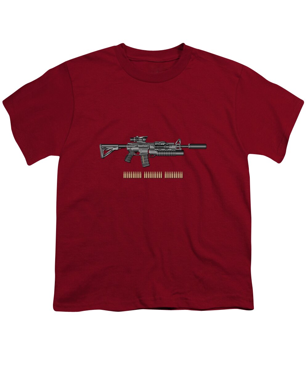 'the Armory' Collection By Serge Averbukh Youth T-Shirt featuring the digital art Colt M 4 A 1  S O P M O D Carbine with 5.56 N A T O Rounds on Red Velvet by Serge Averbukh
