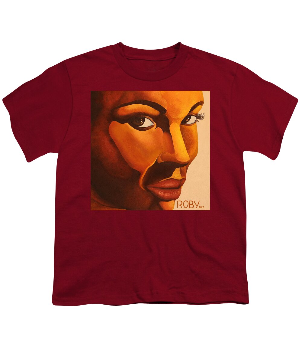 Gold Toned Female Focused On Facial Features. Youth T-Shirt featuring the painting Golden Lady by William Roby