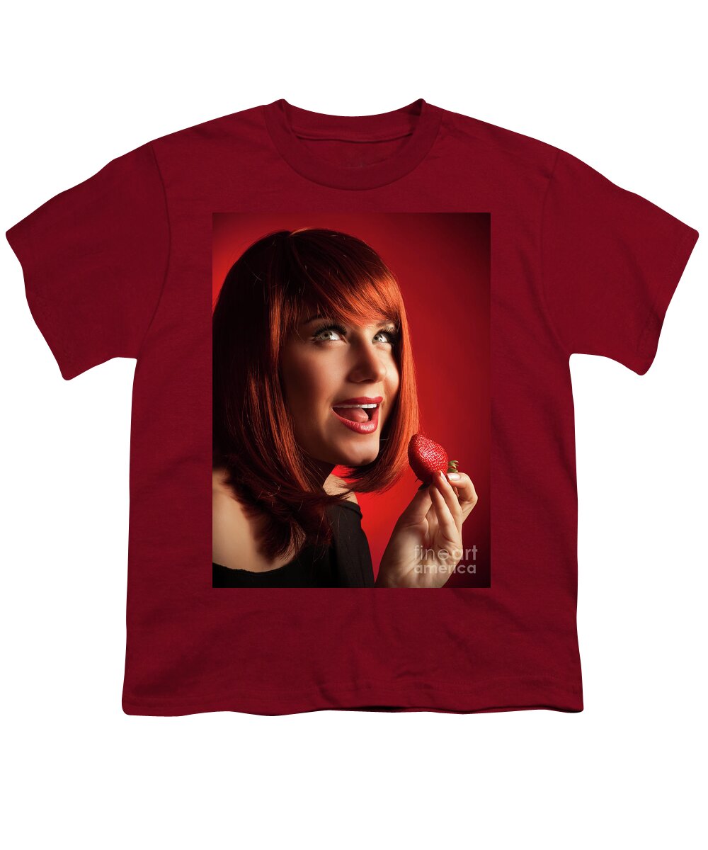 Adult Youth T-Shirt featuring the photograph Joyful girl with strawberry by Anna Om