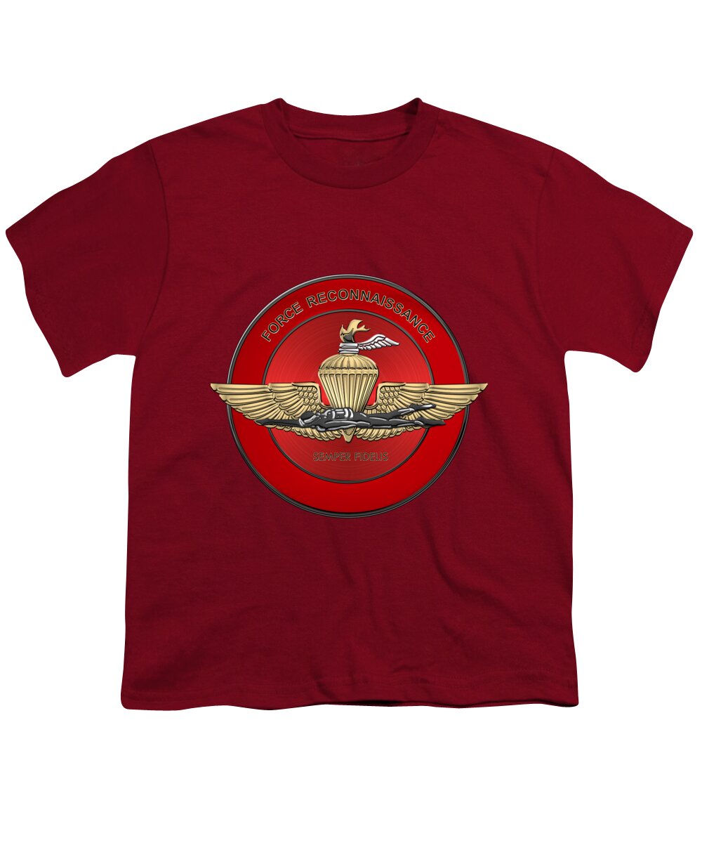 'military Insignia & Heraldry' Collection By Serge Averbukh Youth T-Shirt featuring the digital art Marine Force Reconnaissance - U S M C  F O R E C O N Insignia over Red Velvet by Serge Averbukh