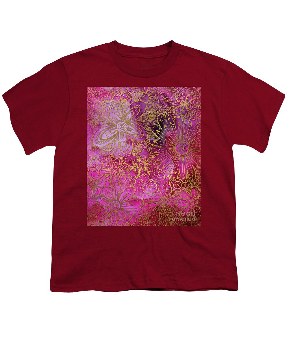 Gold Youth T-Shirt featuring the painting Metallic Gold and Pink Floral Pattern Design Golden Explosion by Megan Duncanson by Megan Aroon