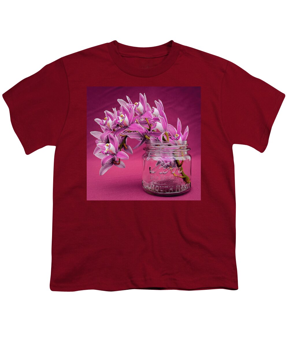 Pink Orchid Youth T-Shirt featuring the photograph Pink Orchid Antique Mason Jar by Kathy Anselmo