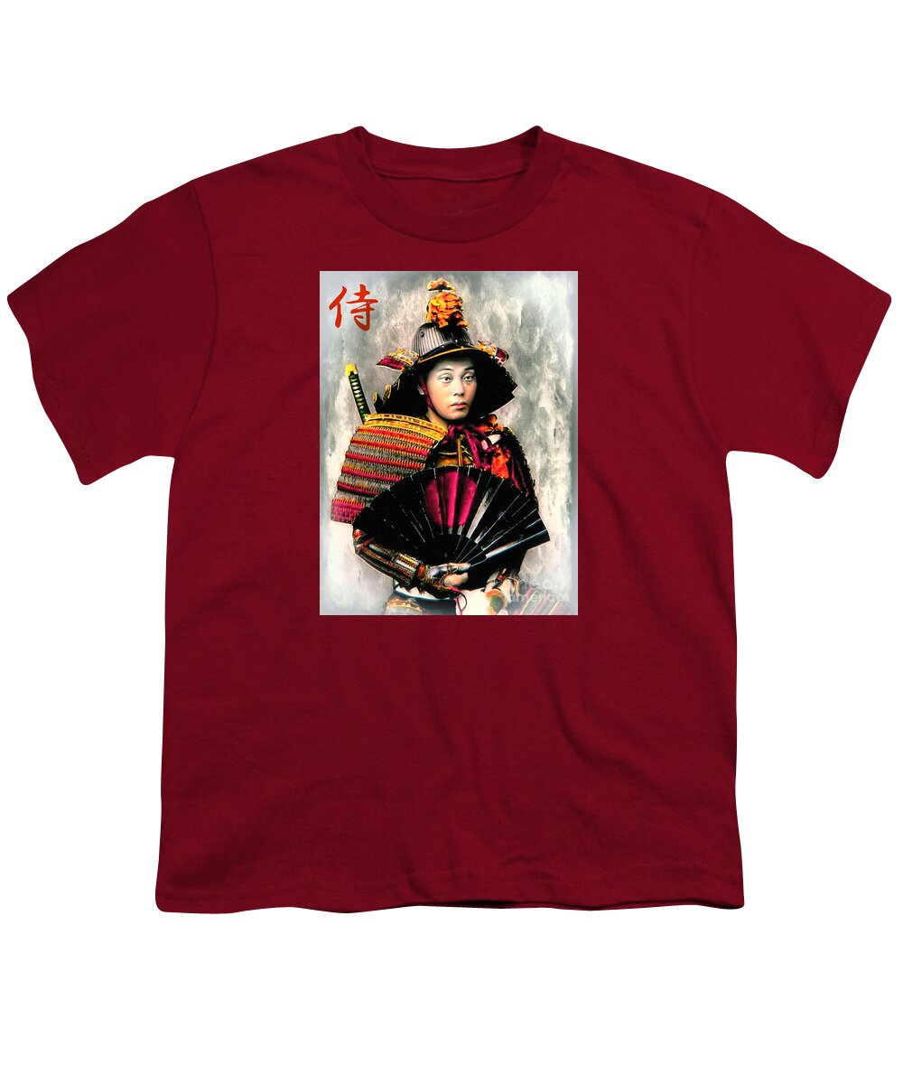 Samurai Youth T-Shirt featuring the painting Samurai 1898 With Iron Fan by Ian Gledhill