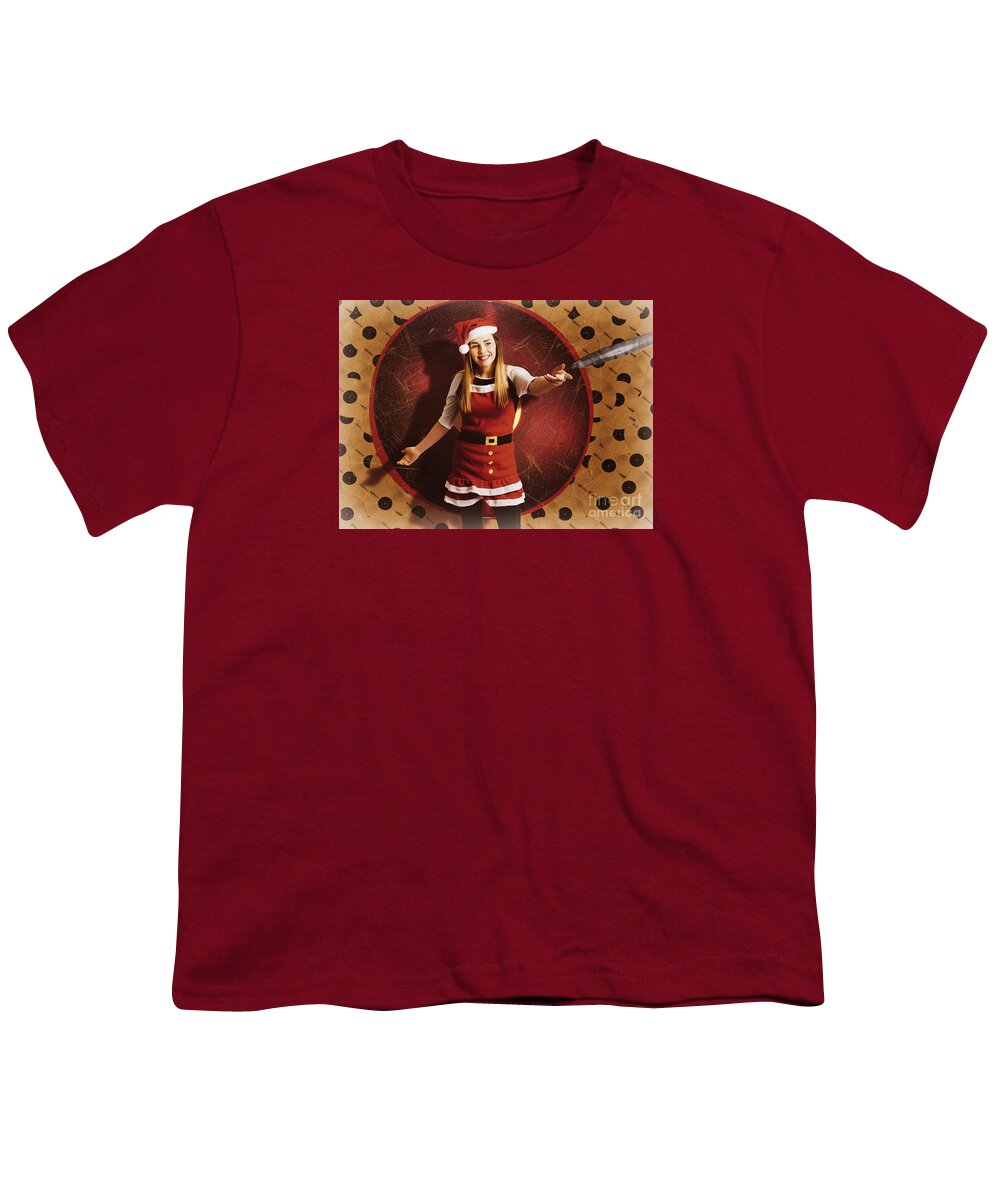 Disco Youth T-Shirt featuring the photograph Santa woman spinning christmas music at club by Jorgo Photography